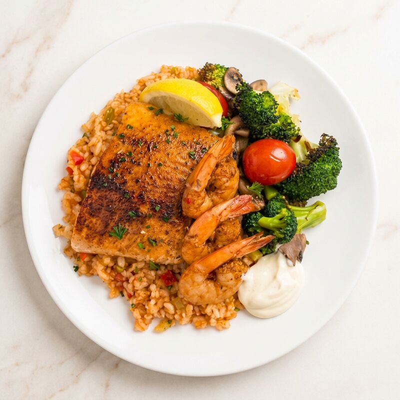 Blackened Salmon & Cajun Shrimp With Jambalaya Rice